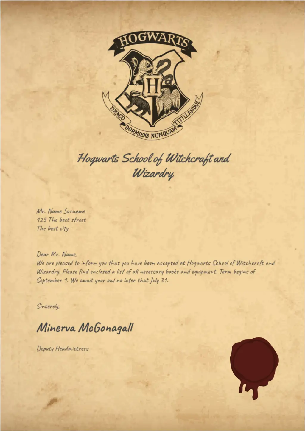 29 Printable Hogwarts Acceptance Letter Templates  Hogwarts acceptance  letter, Harry potter acceptance letter, Hogwarts acceptance letter template