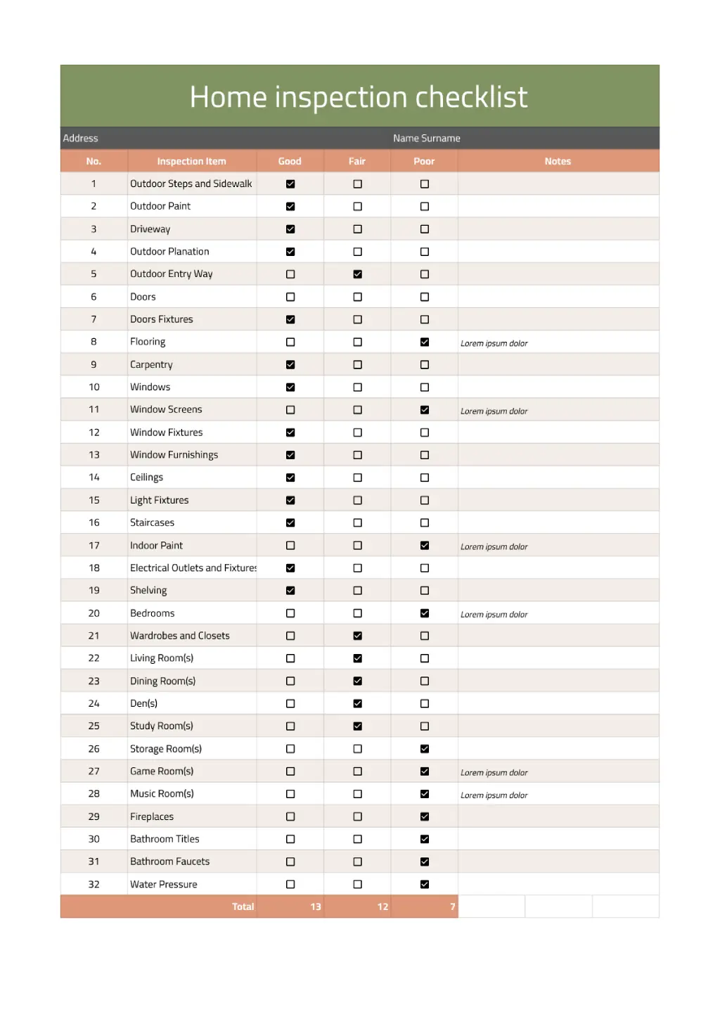 Home inspection checklist template for Google Sheets